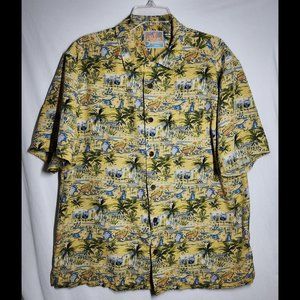 It's 5 O'Clock Somewhere Mens Silk Hawaiian Button Shirt Large Yellow Tropical